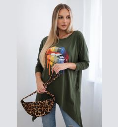 Снимка на Oversized blouse with khaki rainbow lip print