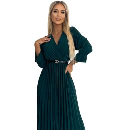 Снимка на Pleated maxi dress with neckline, belt and 3/4 sleeves Numoco