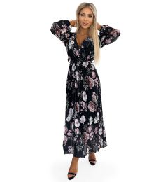 Снимка на Pleated midi dress with neckline, long sleeves and tie at the waist Numoco