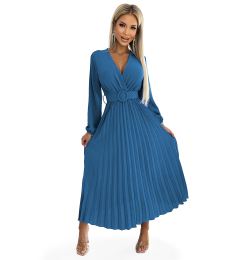 Снимка на Pleated midi dress with neckline, long sleeves and wide belt Numoco