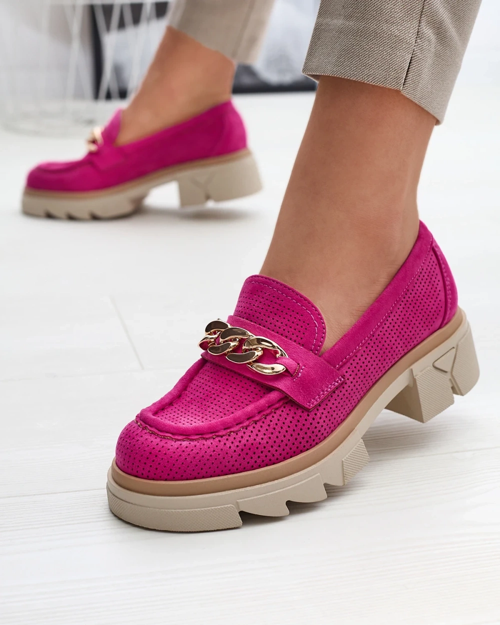 Снимка на Resti Eco-suede moccasins with gold embellishment in fuchsia Zaffix