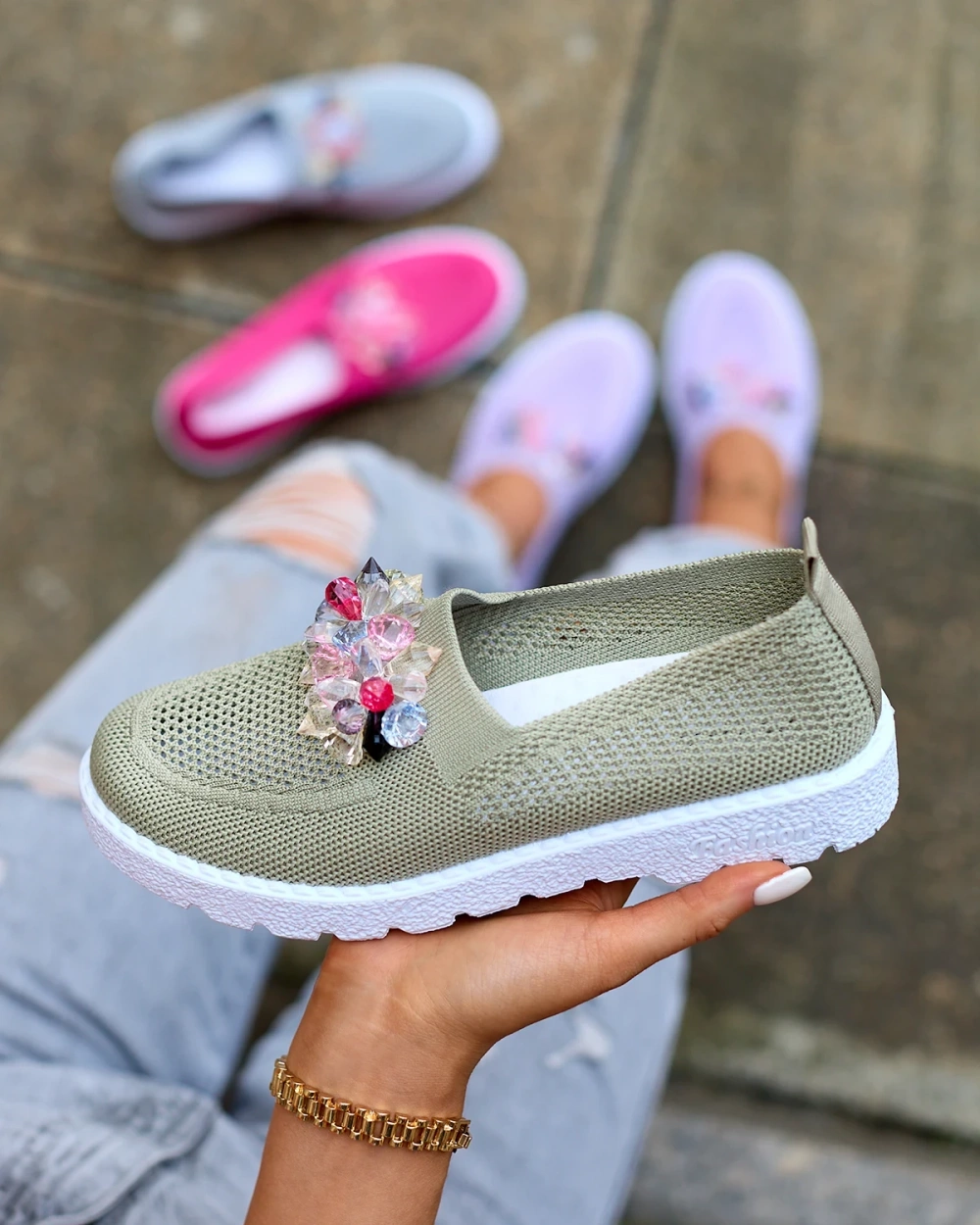 Снимка на Resti Khaki women's fabric moccasins with crystals Fezens