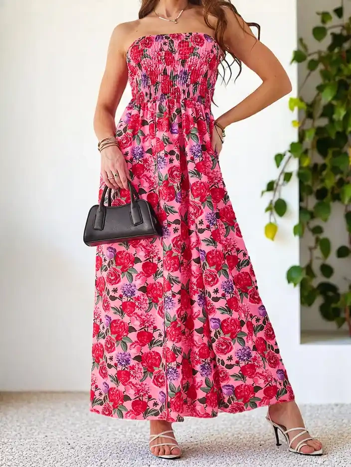 Снимка на Resti Patterned women's midi dress without sleeves with a wide elastic band and slits at the bottom