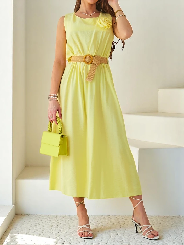 Снимка на Resti Women's midi dress with straps, featuring a round neckline and decorative flower