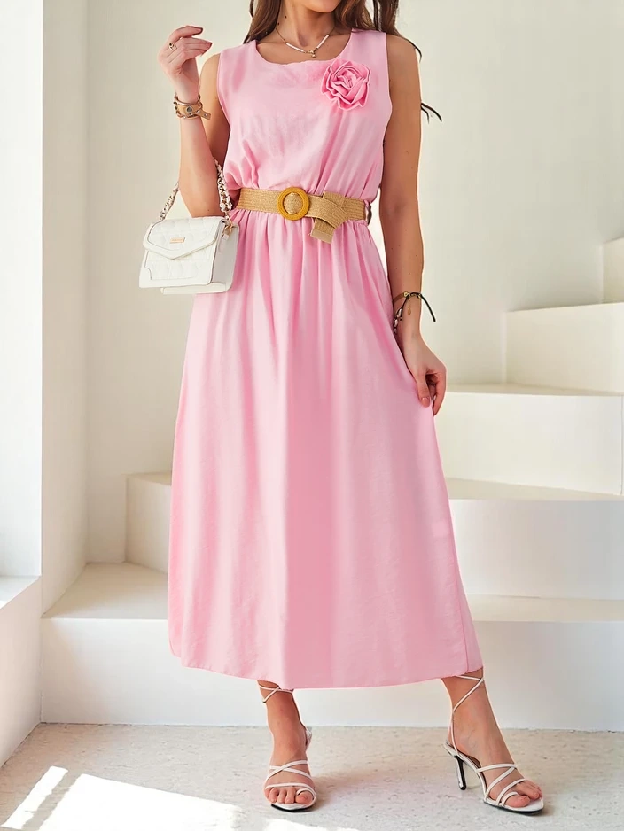 Снимка на Resti Women's midi dress with straps, featuring a round neckline with a decorative flower
