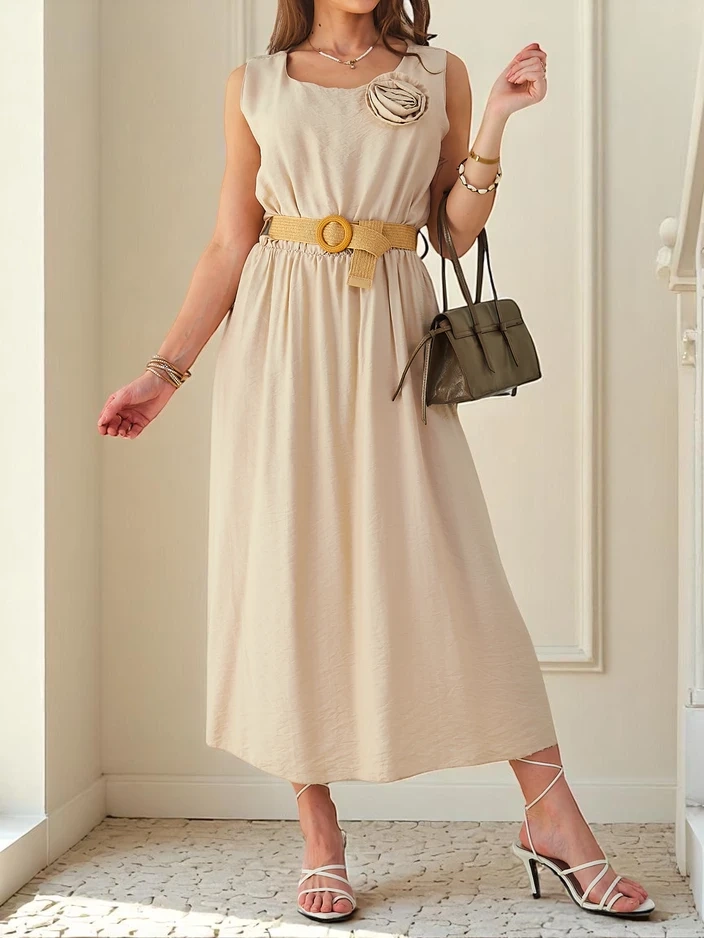 Снимка на Resti Women's midi dress with straps, featuring a round neckline with decorative flower