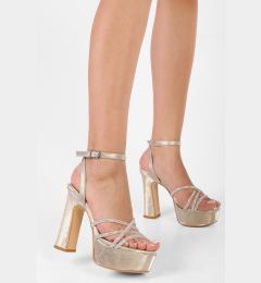 Снимка на Shoeberry Women's Agur Gold Honeycomb Patterned Platform Heeled Shoes