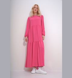 Снимка на Trend Alaçatı Stili Women&#039;s Fuchsia Boat Neck Balloon Sleeve Layered Flounced Waist Belted Woven Viscose Dress