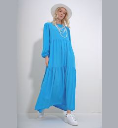 Снимка на Trend Alaçatı Stili Women&#039;s Turquoise Boat Neck Balloon Sleeve Flounced Belted Viscose Dress