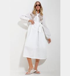 Снимка на Trend Alaçatı Stili Women&#039;s White Judge Collar Front Embroidered Balloon Sleeve Belt Lined Woven Dress