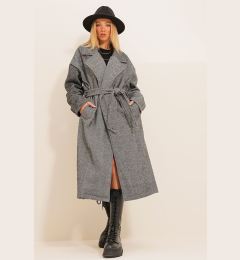 Снимка на Trend Alaçatı Stili Women's Anthracite Double Pocket Unlined Belted Cashmere Coat