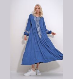 Снимка на Trend Alaçatı Stili Women's Indigo V-Neck Ethnic Patterned Skirt Flounced Viscose Dress