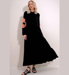 Снимка на Trend Alaçatı Stili Women's Orange-Black Prevailing Collar Sleeves Flock Printed Layered Flounced Viscose Dress