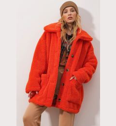 Снимка на Trend Alaçatı Stili Women's Orange Polo Collar Double Pocket Buttoned Front Plush Coat