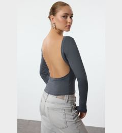Снимка на Trendyol Anthracite Deep Backless Fitted Cotton Stretchy Knitted Blouse