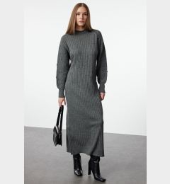 Снимка на Trendyol Anthracite Sleeved Openwork Ribbed Knitted Dress