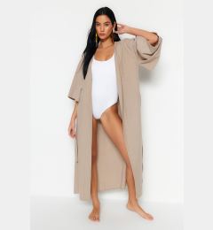 Снимка на Trendyol Beige Belted Maxi Woven Linen Look Beach Kimono&Caftan