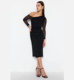 Снимка на Trendyol Black Abstract Lined Midi Lined Asymmetrical Neck Knit Dress
