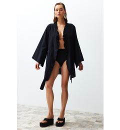 Снимка на Trendyol Black Belted Mini Woven Ruffle 100% Cotton Kimono&Kaftan