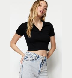 Снимка на Trendyol Black Fitted/Situated Crop Polo Neck Ribbed Stretch Knitted Blouse