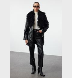 Снимка на Trendyol Black Oversize Molded Collar Faux Leather Jacket Coat with Fur Detail