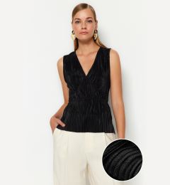 Снимка на Trendyol Black Premium Pleated V Neck Regular Pattern Knitted Blouse