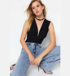 Снимка на Trendyol Black Tie Detail V Neck Fitted/Situated Elastic Snaps Knitted Bodysuit