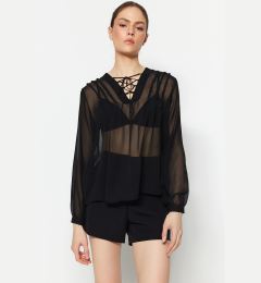 Снимка на Trendyol Black Weave Sheer Blouse with Lace-up Detail