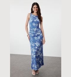 Снимка на Trendyol Blue Floral Printed Shiny Surface Boat Kaya Fitted Flexible Knitted Pencil Dress