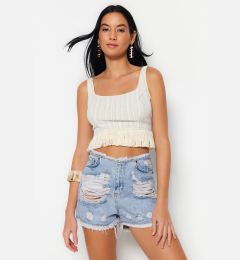 Снимка на Trendyol Blue Mini Denim Split 100% Cotton Beach Shorts