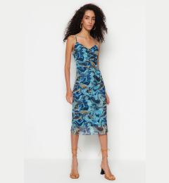 Снимка на Trendyol Blue Patterned Pleated Tulle Bodycone/Body Fitted Stretch Knit Dress