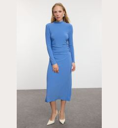 Снимка на Trendyol Blue Plain Drape Detailed High Collar A-Line Flexible Midi Knitted Knitted Dress