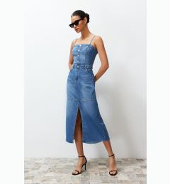 Снимка на Trendyol Blue Slit Stitch Detail Strappy Maxi Denim Dress