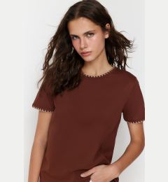 Снимка на Trendyol Brown 100% Cotton Basic Crew Neck Knitted T-Shirt with Contrast Stitching Detail