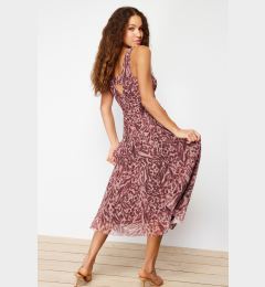 Снимка на Trendyol Brown Animal/Leopard Printed V-Neck Tulle A-Line Midi Stretchy Knitted Dress