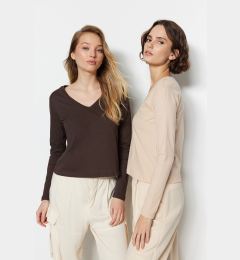 Снимка на Trendyol Brown-Beige 100% Cotton 2-Pack Basic V Neck Knitted T-Shirt