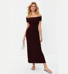 Снимка на Trendyol Brown Carmen Collar Fitted/Fitted Stretchy Knitted Maxi Pencil Dress