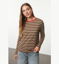 Снимка на Trendyol Brown-Stone Striped Collar Colorful Ribbed Striped Basic Knitted T-shirt