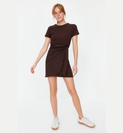 Снимка на Trendyol Brown Tie Detailed Crew Neck Knitwear Look Mini Knitted Dress