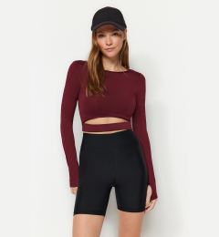 Снимка на Trendyol Burgundy Crop Window/Cut Out and Thumb Hole Detail Knitted Sports Top/Blouse