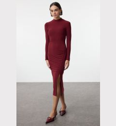Снимка на Trendyol Burgundy Drape Detailed Slit High Collar Fitted Flexible Midi Knitted Dress