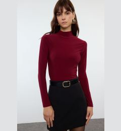 Снимка на Trendyol Burgundy Fitted Long Sleeve Stand Collar Ribbed Stretchy Knitted Blouse