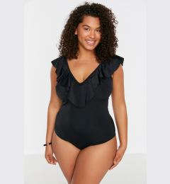 Снимка на Trendyol Curve Black Deep V-Neck Flounce Throw Lined Swimsuit