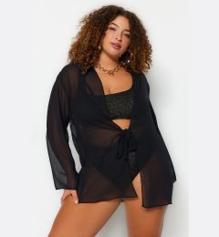 Снимка на Trendyol Curve Black Short Chiffon Kimono & Kaftan with Tie Detail
