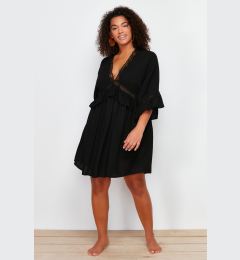Снимка на Trendyol Curve Black Sleeve Ruffle Lace Strip Detail Mini Plus Size Beach Dress