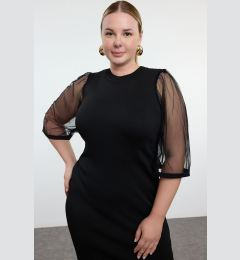 Снимка на Trendyol Curve Black Sleeves Tulle Midi Length Knitwear Dress