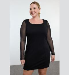 Снимка на Trendyol Curve Black Square Neck Sleeves Tulle Knitted Plus Size Dres
