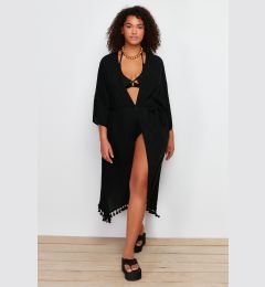 Снимка на Trendyol Curve Black Tasseled Viscose Beachwear Woven Hem Plus Size Kimono&Caftan