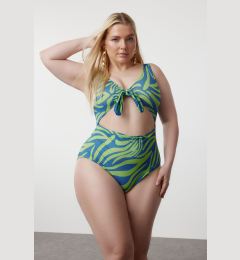 Снимка на Trendyol Curve Blue-Green Deep V Cut Out Tie Detail Abstract Pattern Plus Size Swimsuit