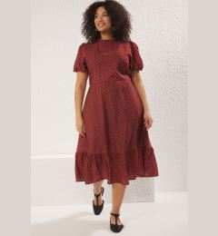 Снимка на Trendyol Curve Brick Red Stand Collar Polka Dot Patterned Balloon Sleeve Long Woven Dress
